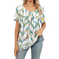 Women's V Neck Printed T-Shirt Casual Short Sleeve Pleated Top