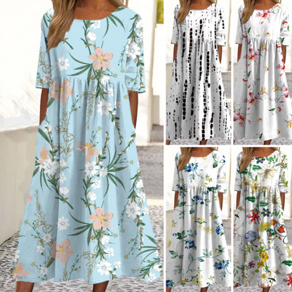 👗 Női elegáns virágmintás kerek nyakú hosszú ruha