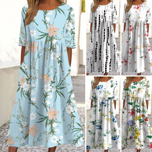 👗 Női elegáns virágmintás kerek nyakú hosszú ruha