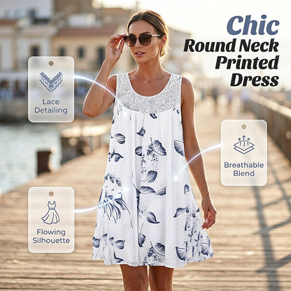 👗 Női ujjatlan, kerek nyakú, nyomott mintás ruha