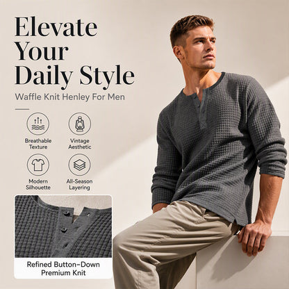 Trending Now⭐👕 Men's Waffle Knit Long Sleeve Henley Shirt – Classic Button Placket for Effortless Casual Style
