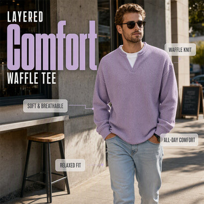 👕 Mock-Layer Waffle Hosszú Ujjú Póló – Mock-Layer Nyakkivágás & Texturált Waffle Felület | Tökéletes Ingázáshoz, Városi Kirándulásokhoz & Casual Viseléshez ✨