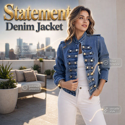 ✨ Vintage Statement Stílus | Női Állógalléros Farmerdzseki Szimmetrikus Fémgombokkal