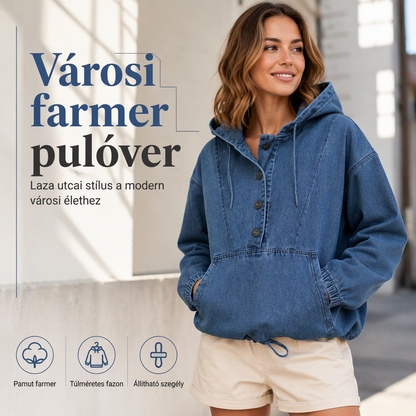 Női alkalmi, gombos farmeres pulóver kapucnival