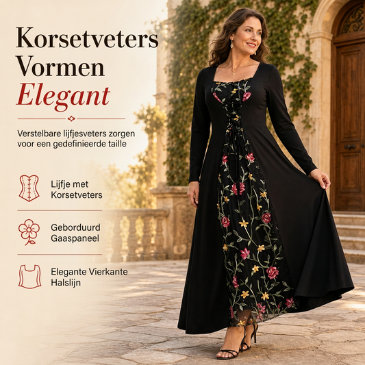🖤 Fekete női maxiruha négyzetes nyakkivágással – hosszú ujjak, fűzős derékrész és hímzett virágos mesh részletek ✨