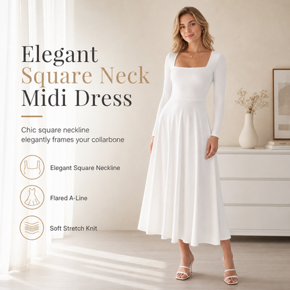 ✨ Hízelgő kötött elegancia | Női négyzetes nyakkivágású, rugalmas A-vonalú midi ruha