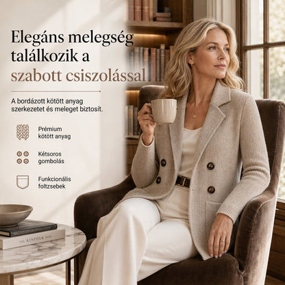 Női duplagombos, bordázott kötött kardigán zsebekkel és kivágott gallérral