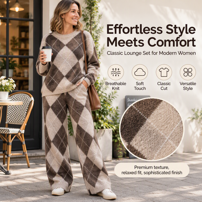 ✨ Női argyle mintás kötött pulóver és széles szárú nadrágból álló 2 részes szett – puha, lélegző kötött anyag, klasszikus rombuszminta és laza kényelem az elegáns mindennapi öltözékekhez! 🍂
