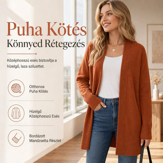 Női középhosszú, nyitott elejű kötött kardigán bordás mandzsettával