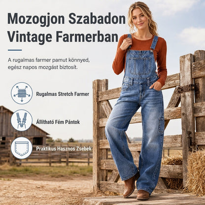 Női rugalmas farmer overall, széles lábszárú, állítható pántokkal