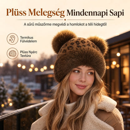 Női vintage leopárdmintás plüss medvefüles mongol sapka, vastag, meleg téli fülvédős sapka