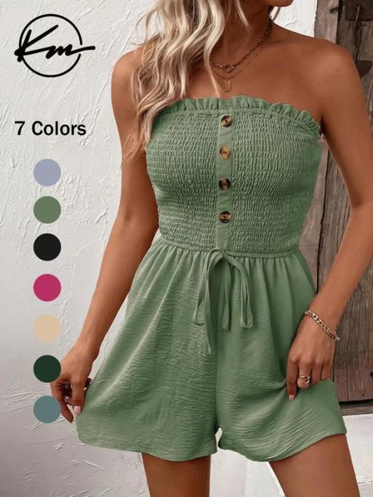 💃Női pánt nélküli Frill Trim Shirred Tie Front széles lábú cső Romper